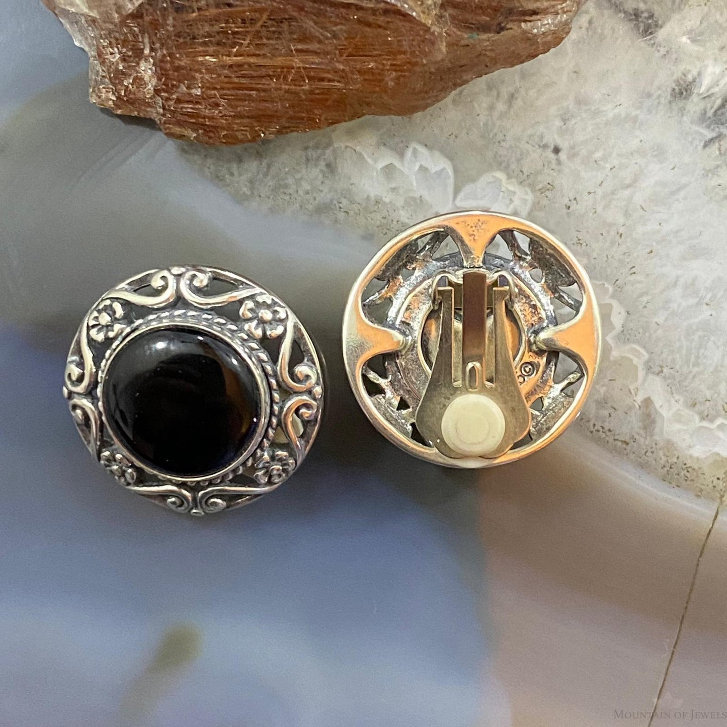Carolyn Pollack Sterling Silver Round Onyx Decorated Clip-On Earrings For Women