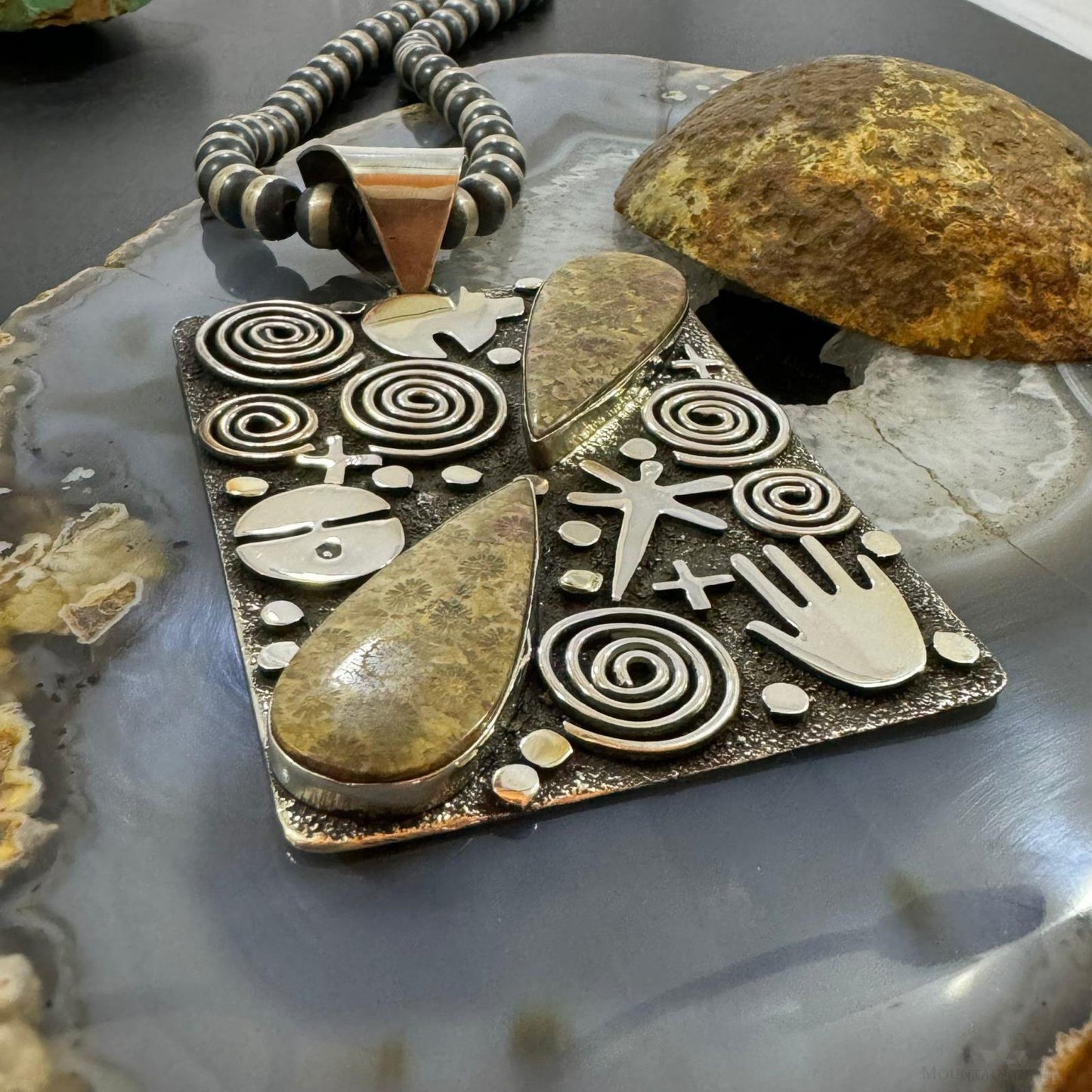 Alex Sanchez Native American Sterling Silver 2 Teardrop Fossilized Coral Rectangle Petroglyph Pendant