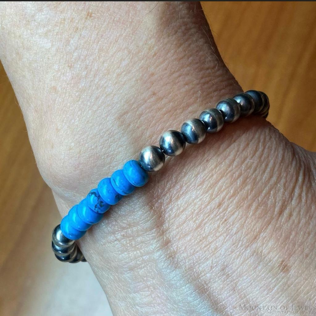 Navajo Pearl and Turquoise 6mm Beads Sterling Silver 8" Bangle For Women