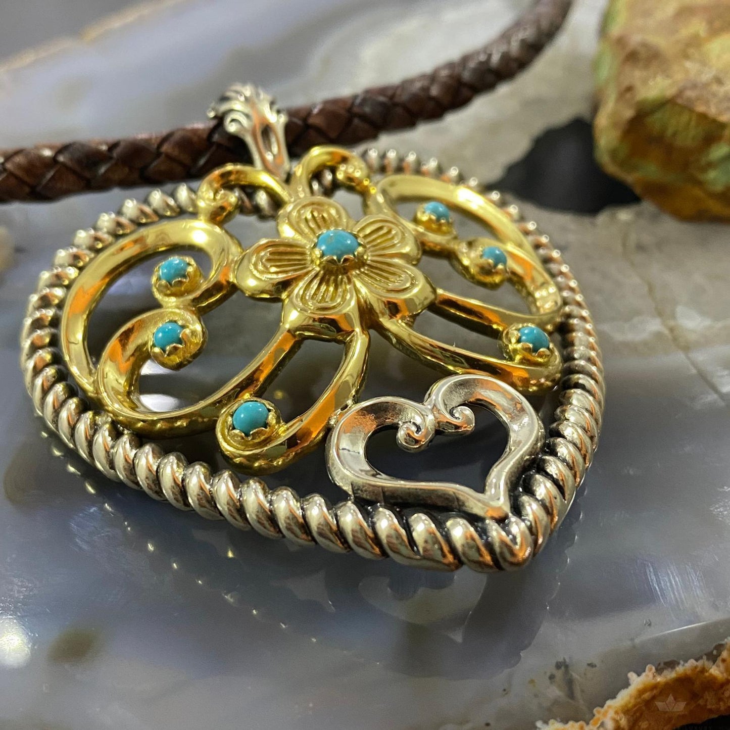 Carolyn Pollack Southwestern Style Sterling Silver & Brass Turquoise Heart Pendant For Women