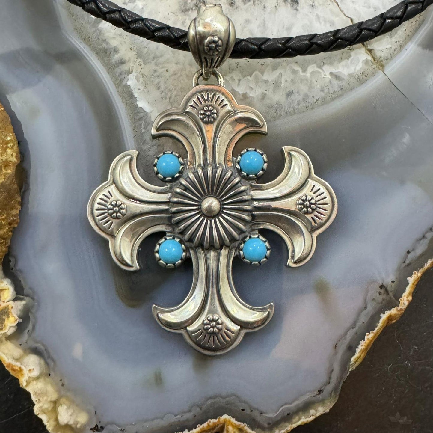 Carolyn Pollack Sterling Silver Turquoise Cross Pendant Black Braided Leather Necklace