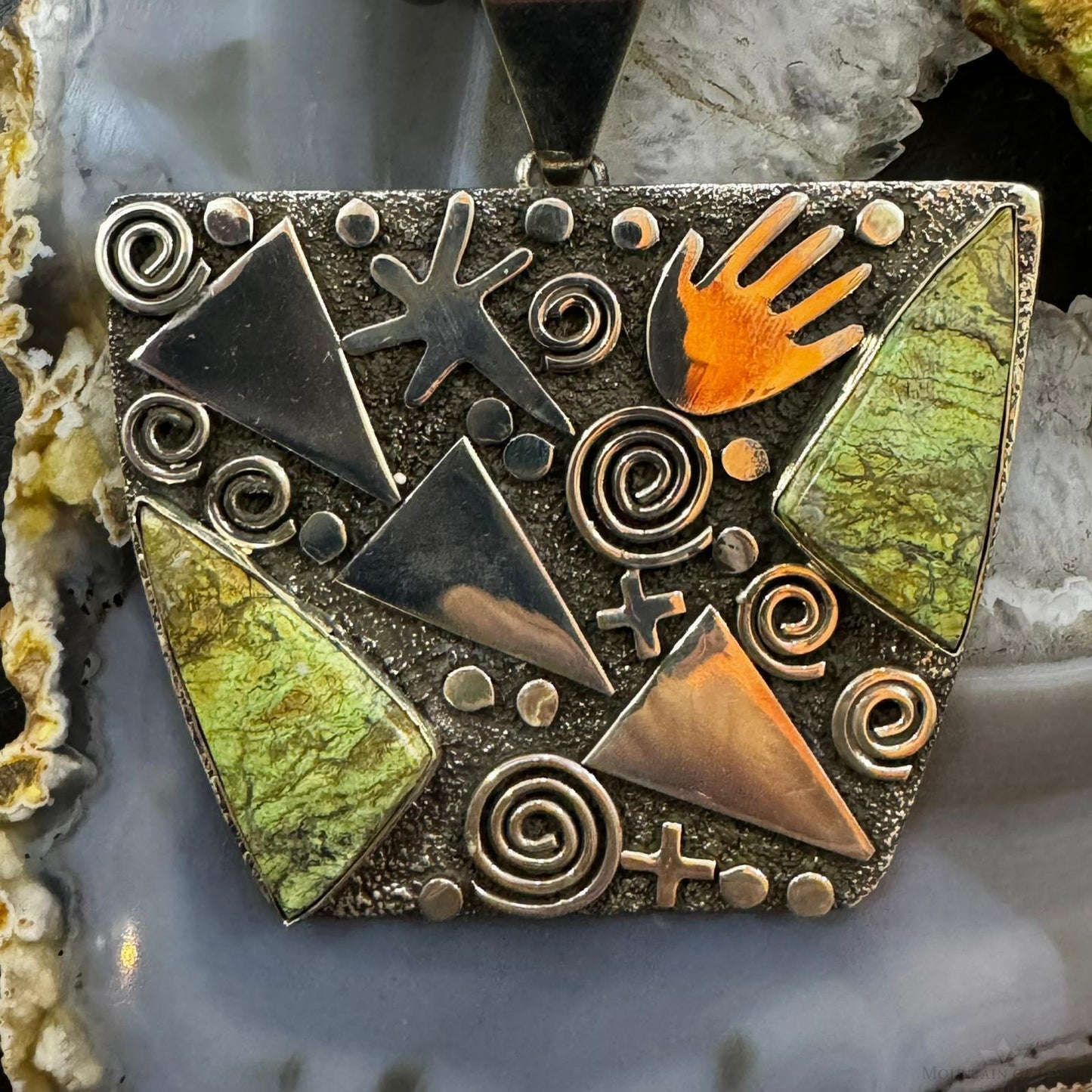 Alex Sanchez Native American Sterling Silver Green Sediment Jasper Rectangle Petroglyph Unisex Pendant