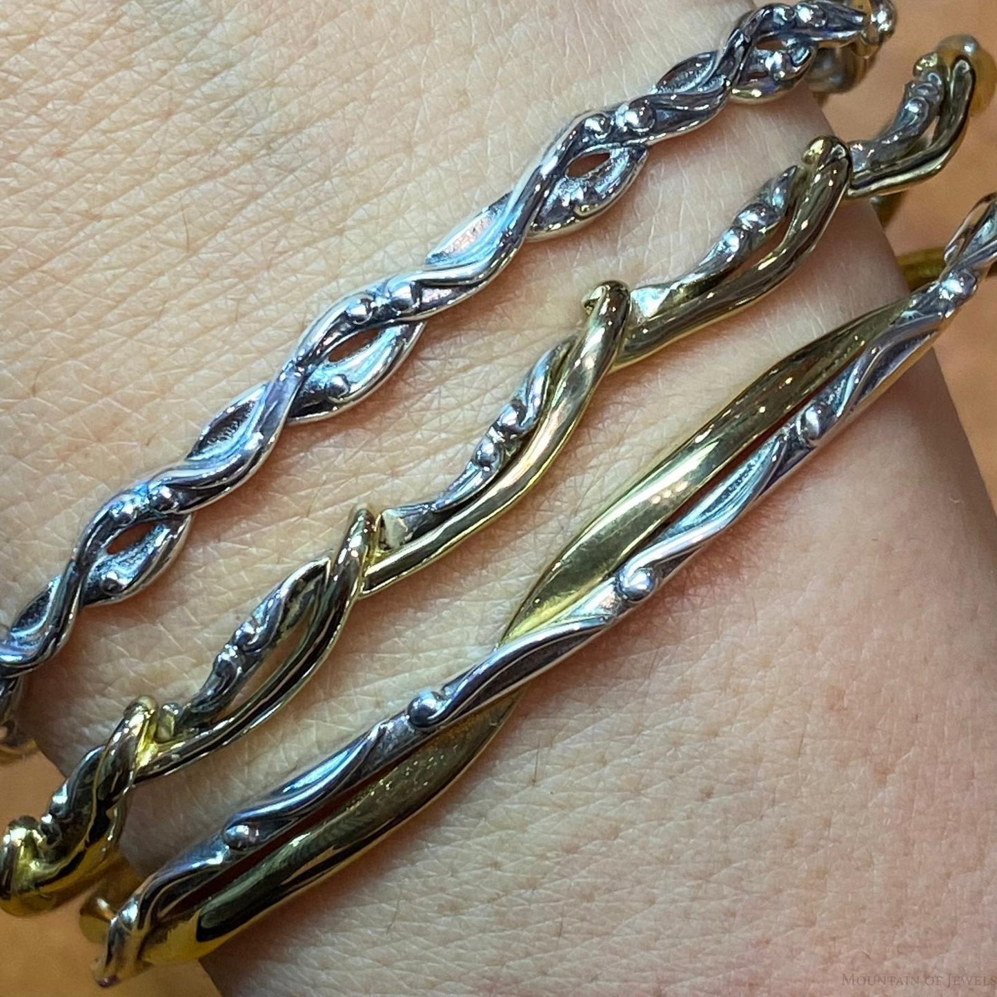 Carolyn Pollack Sterling Silver & Brass Decorated 3 Bangle Bracelet Set For Women