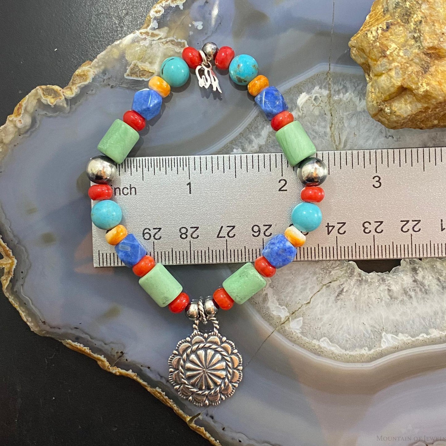 Carolyn Pollack Vintage Sterling Silver Multi Gemstone Bead w/Charm Stretch Bracelet For Women