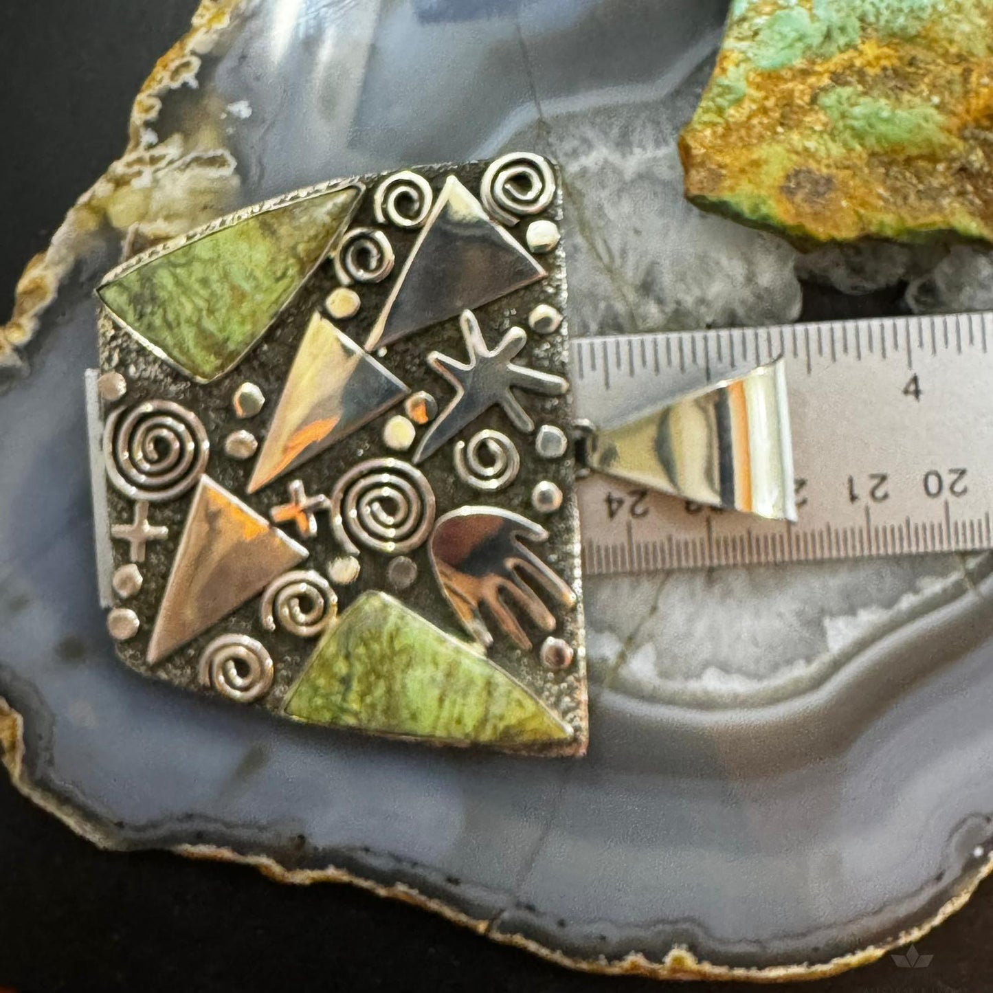 Alex Sanchez Native American Sterling Silver Green Sediment Jasper Rectangle Petroglyph Unisex Pendant