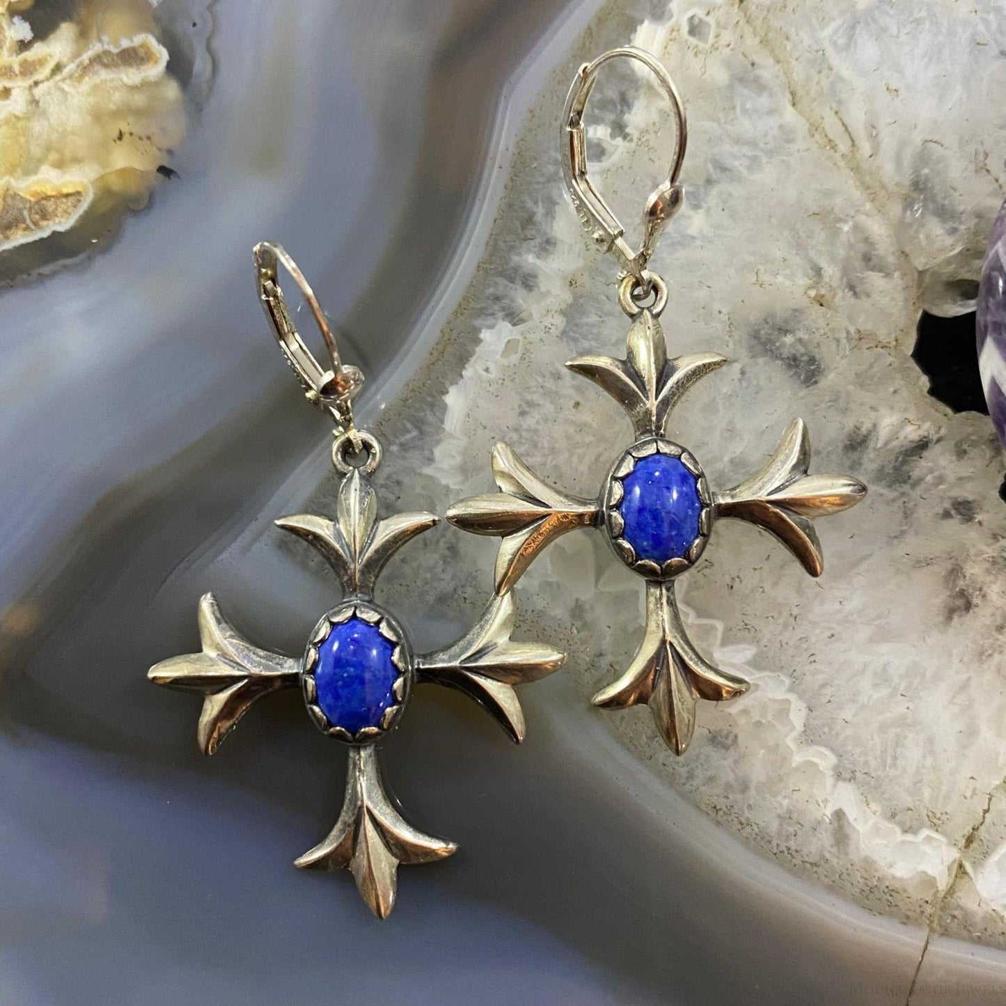 Carolyn Pollack Southwestern Style Sterling Silver Lapis Squash Blossom Dangle Earrings For Women