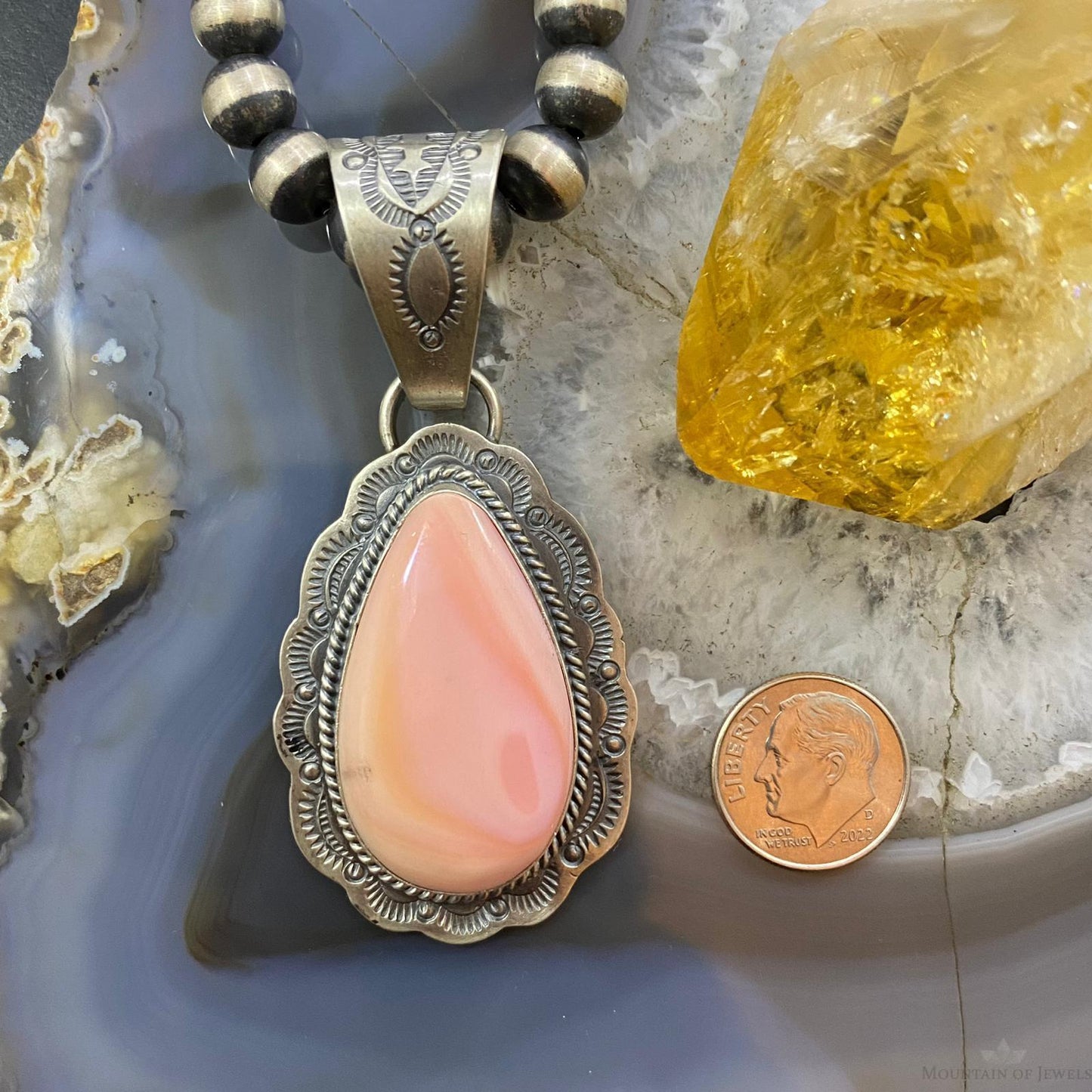 J. Nelson Native American Sterling Silver Large Teardrop Pink Conch Shell Decorated Pendant For Women