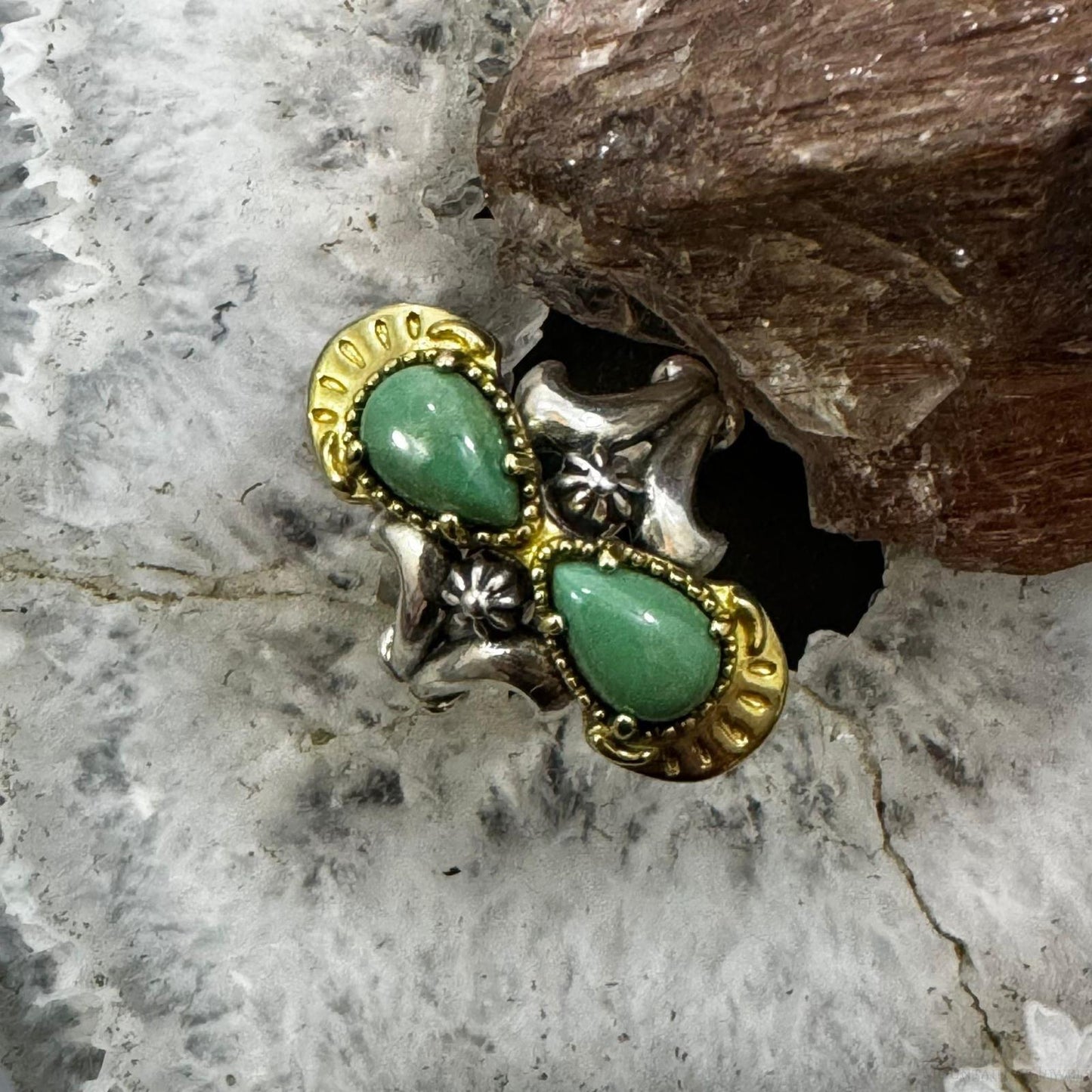 Carolyn Pollack Sterling Silver & Brass 2 Green Turquoise Decorated Ring For Women