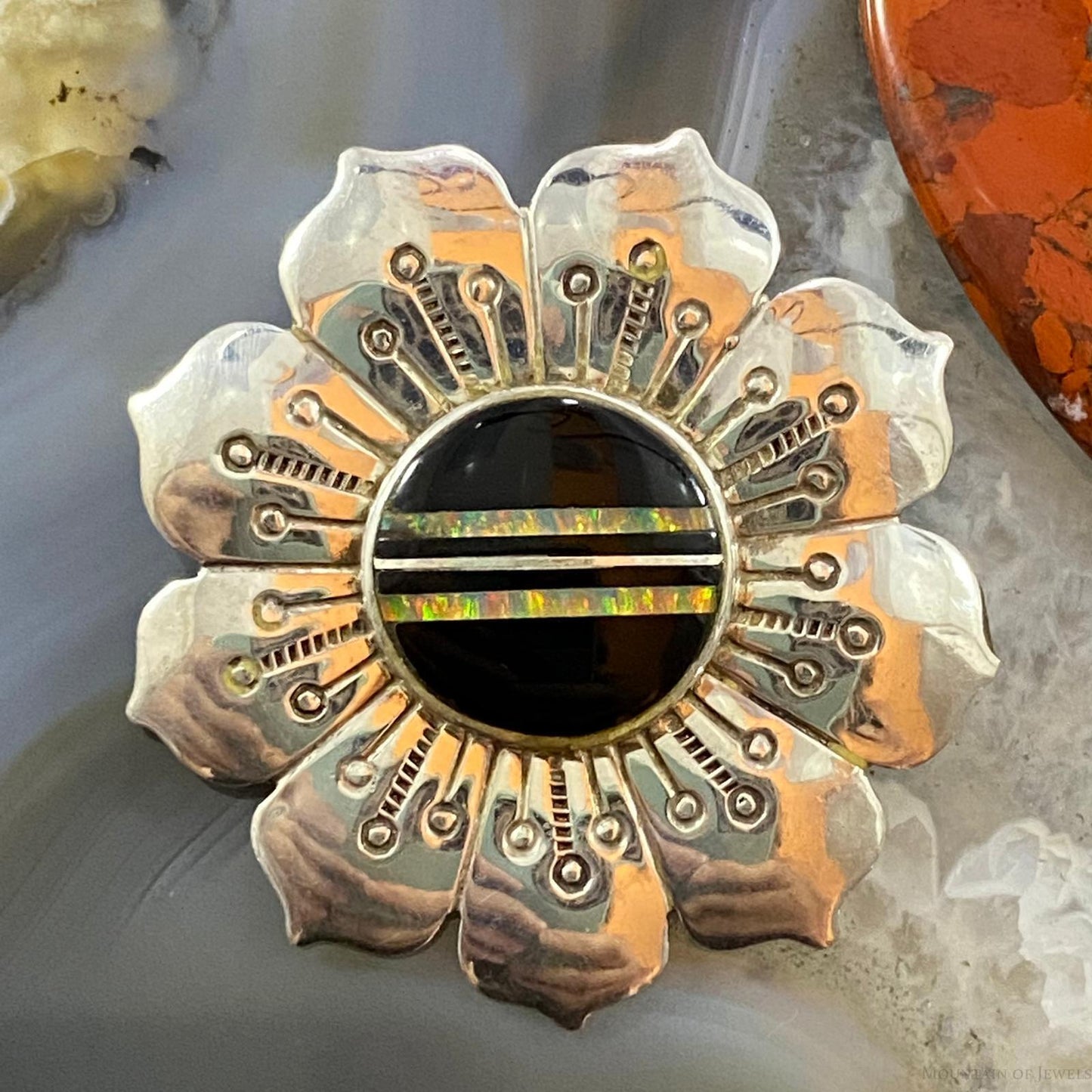 Vintage Native American Sterling Silver Onyx & Opal Stamped Flower Brooch For Women