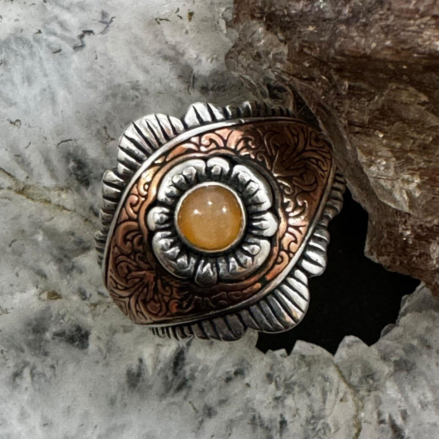 Carolyn Pollack Sterling Silver & Copper Round Citrine Decorated Ring For Women