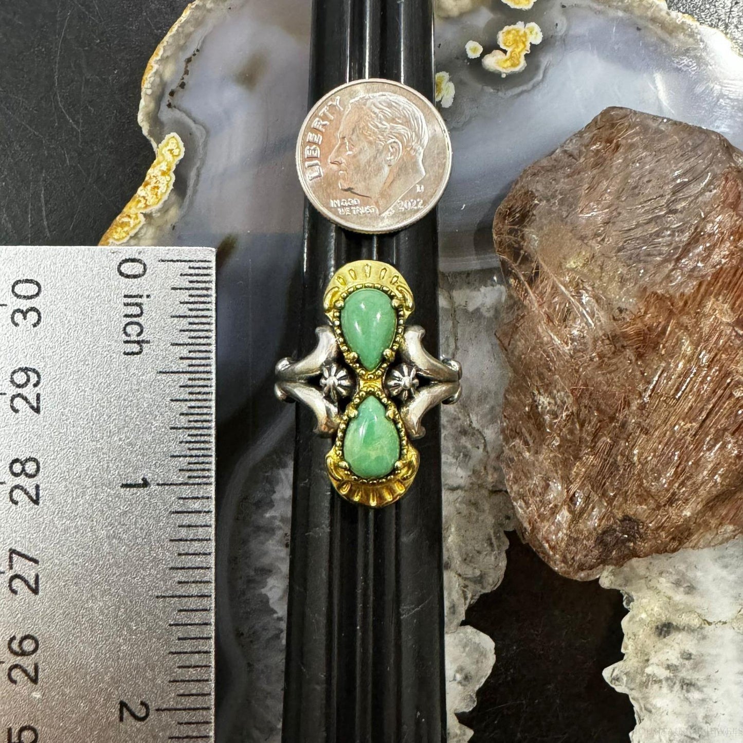 Carolyn Pollack Sterling Silver & Brass 2 Green Turquoise Decorated Ring For Women