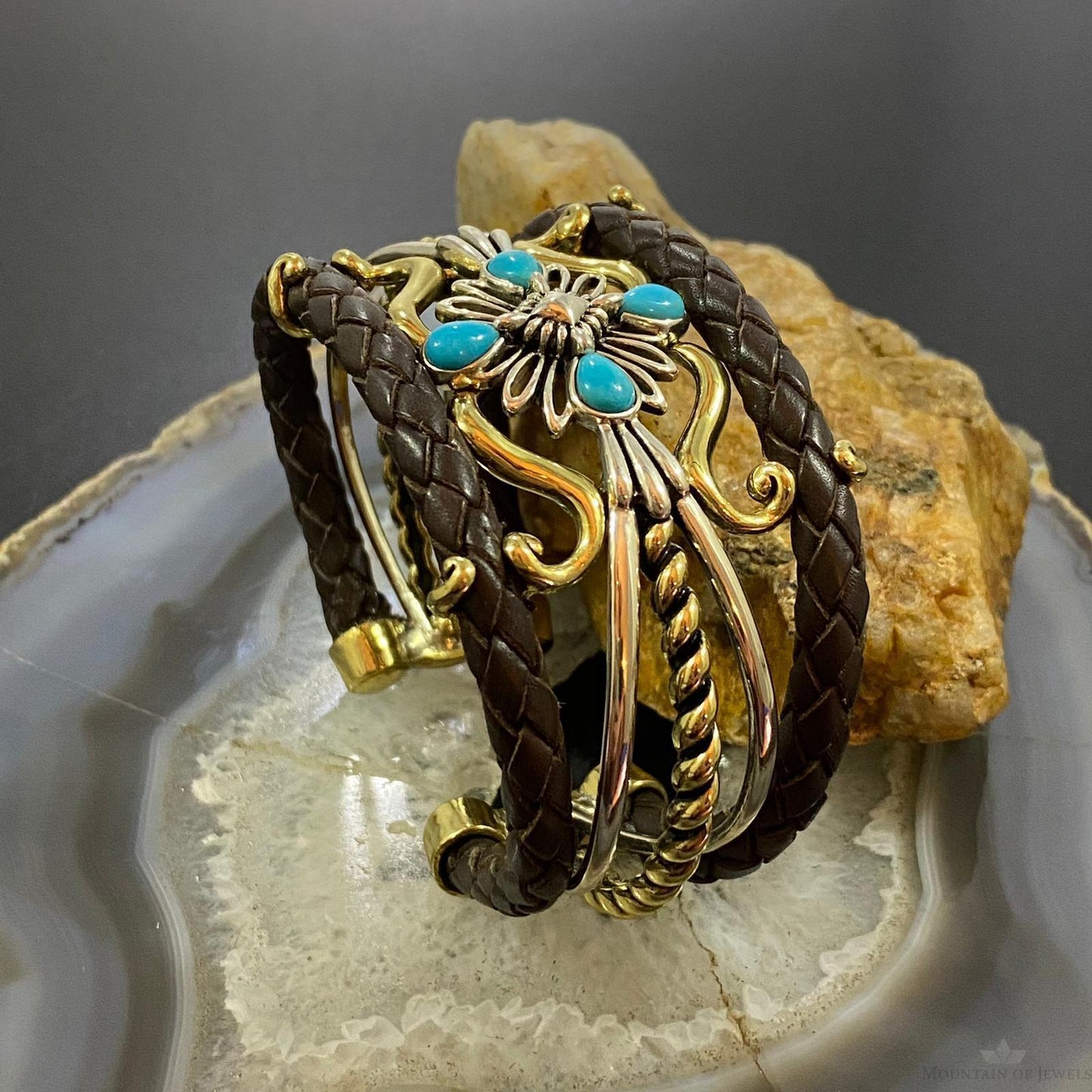 Carolyn Pollack Sterling Silver & Brass 4 Turquoise Dk Brown Leather Decorated Bracelet