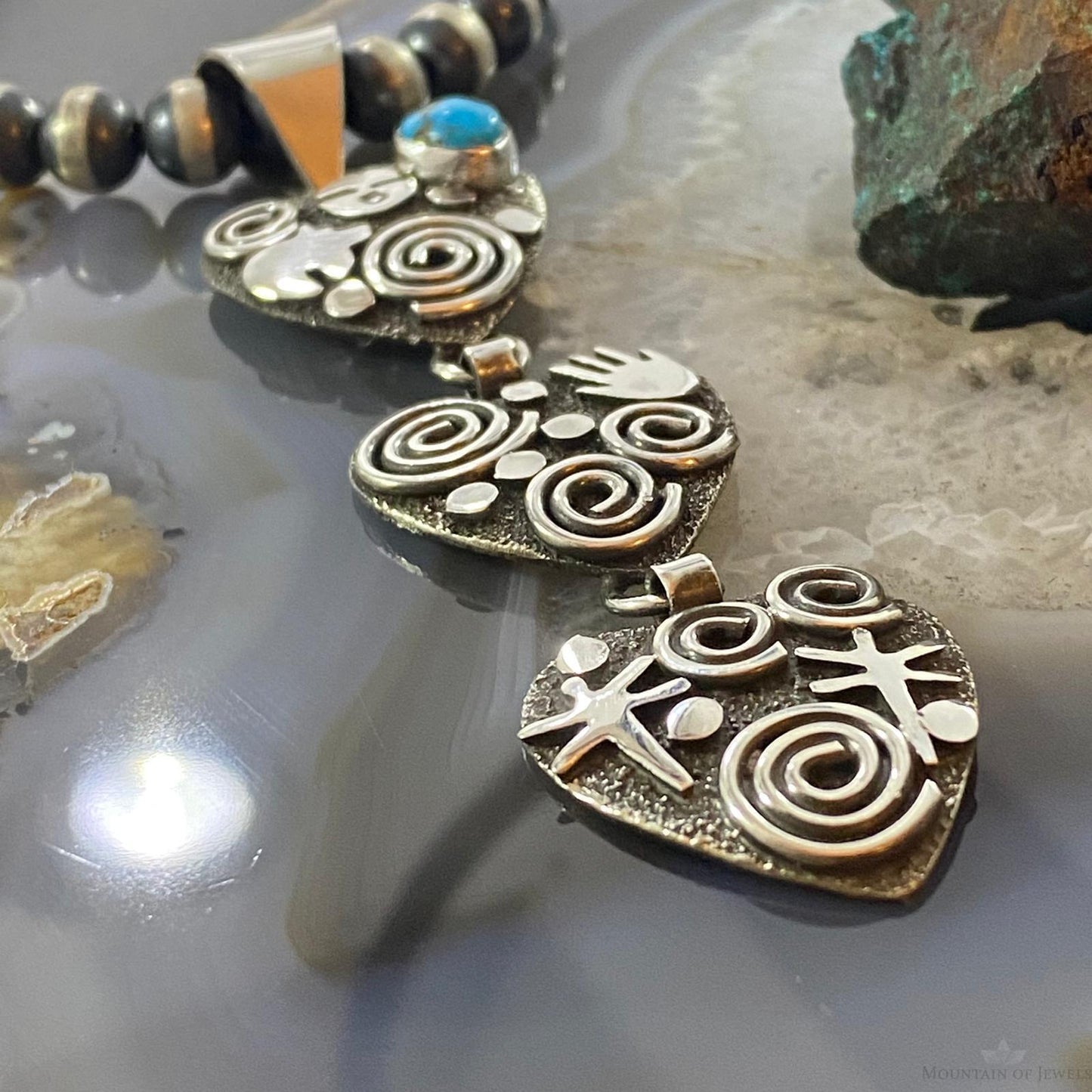 Alex Sanchez Native American Sterling Silver Triple Petroglyph Heart w/Turquoise Pendant For Women #1