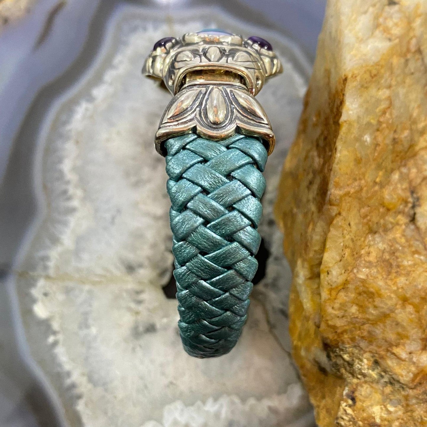 Carolyn Pollack Sterling Silver Multi Gemstone Turquoise Braided Leather Hinge Bracelet