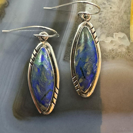 Native American Sterling Silver Marquise African Azurite Malachite Dangle Earrings