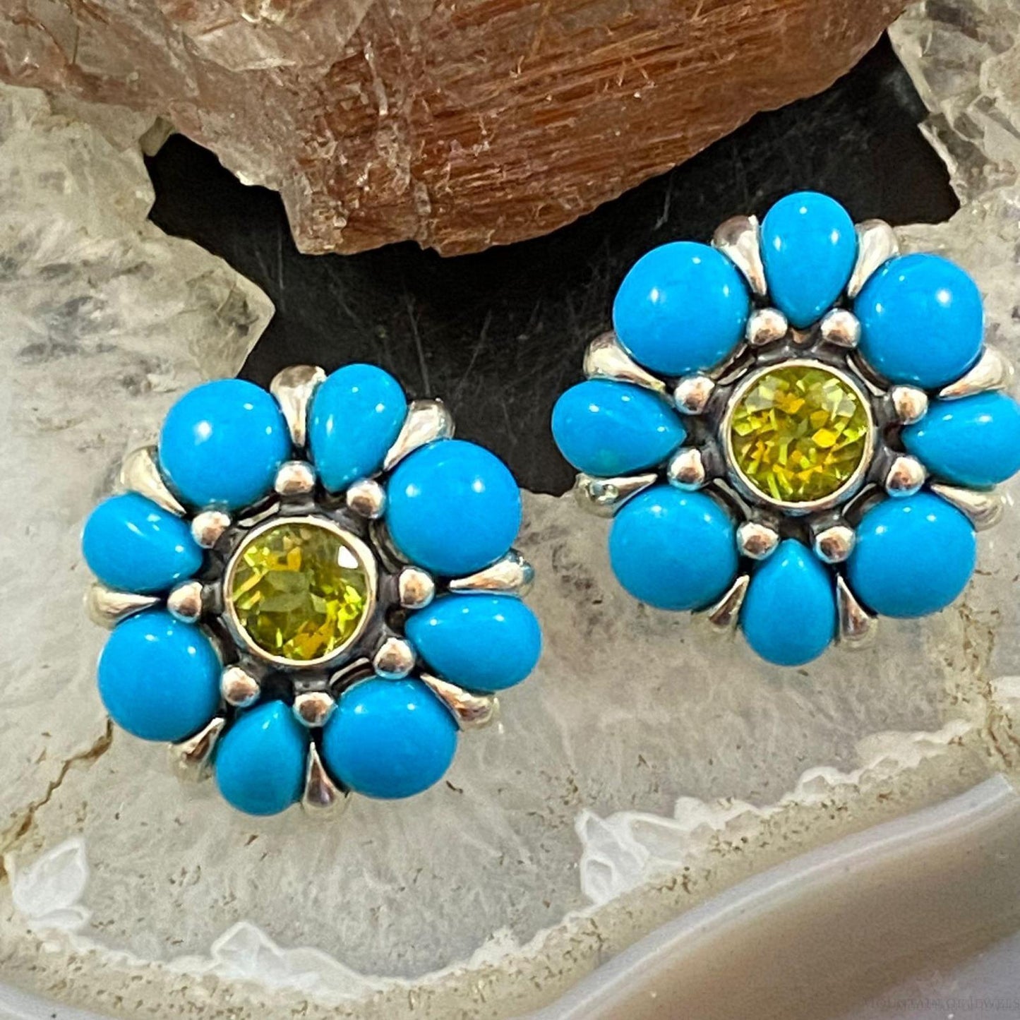 Carolyn Pollack Sterling Silver Turquoise & Faceted Peridot Flower Stud Earrings For Women