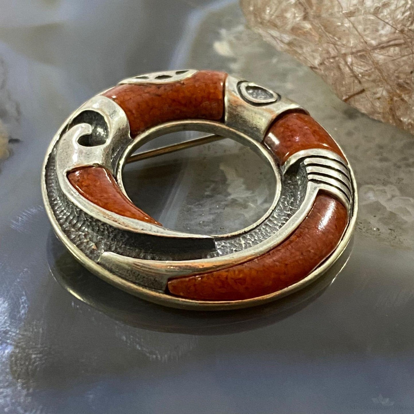 Carolyn Pollack Southwestern Style Sterling Silver Coral Chip Inlay Ring Brooch For Women