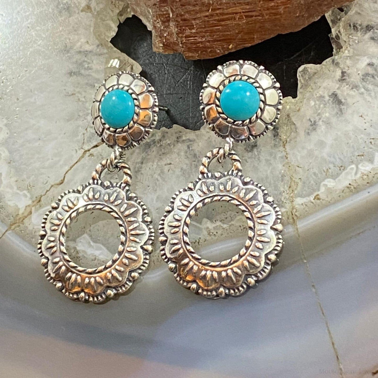 Carolyn Pollack Sterling Silver Round Turquoise Double Flower Dangle Earrings For Women