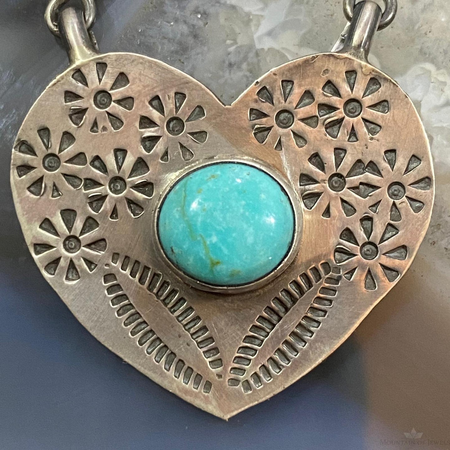 Marie Tsosie Native American Sterling Silver Oval Kingman Turquoise Stamped Heart Necklace For Women