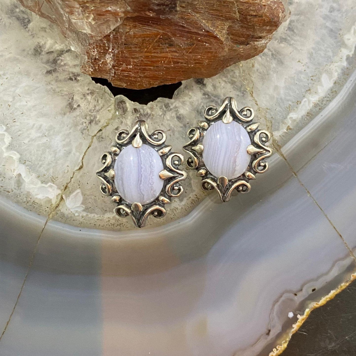 Carolyn Pollack Sterling Silver Oval Blue Lace Agate Decorated Clip-On Earrings For Women