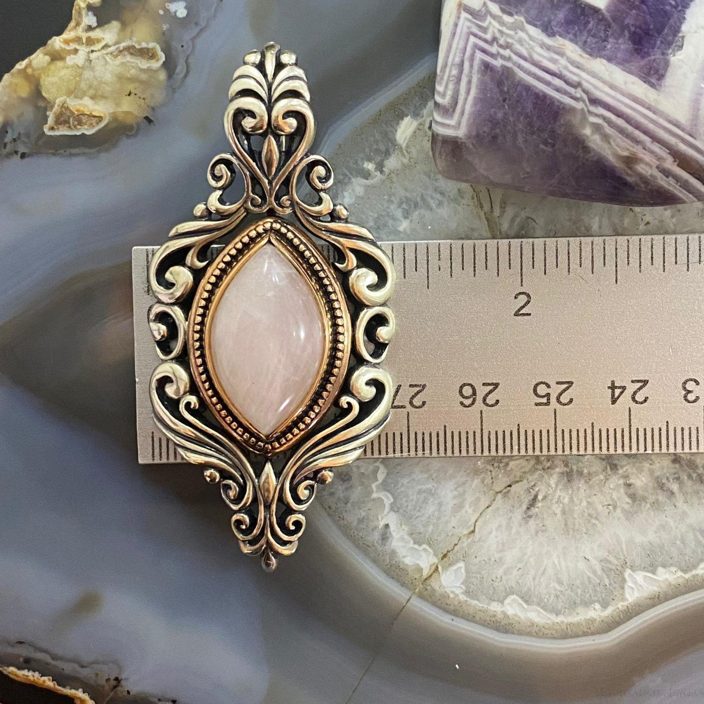 Carolyn Pollack Southwestern Style Sterling Silver & Bronze Rose Quartz Decorated Enhancer Pendant For Women