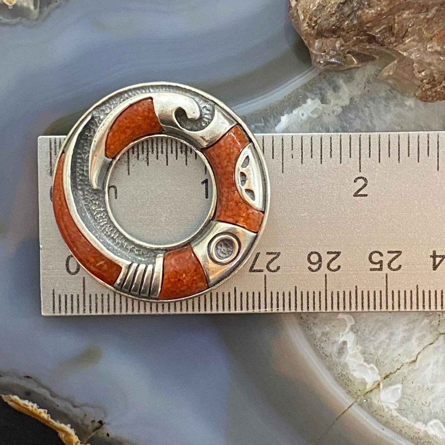 Carolyn Pollack Southwestern Style Sterling Silver Coral Chip Inlay Ring Brooch For Women