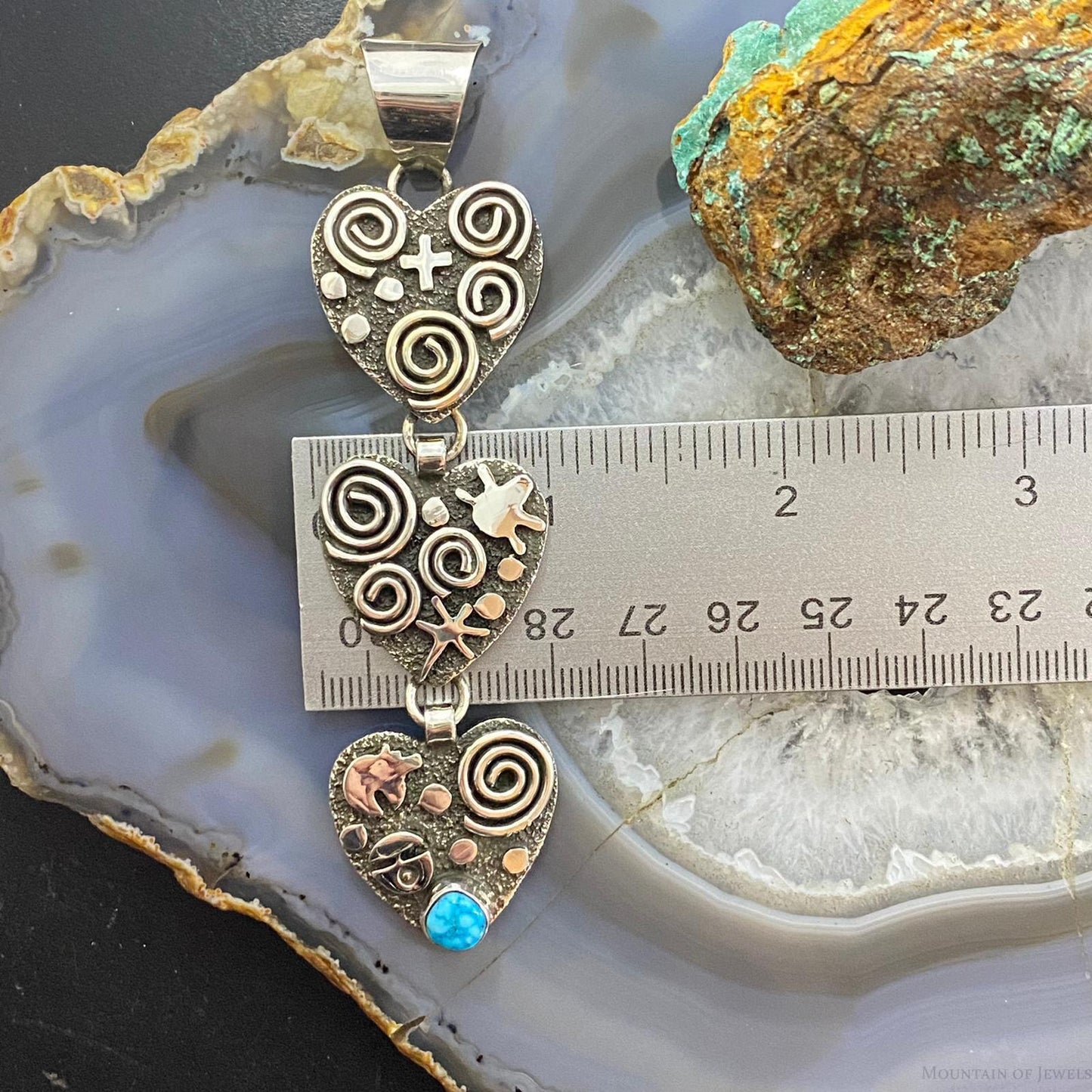 Alex Sanchez Native American Sterling Silver Triple Petroglyph Heart w/Turquoise Pendant For Women #4