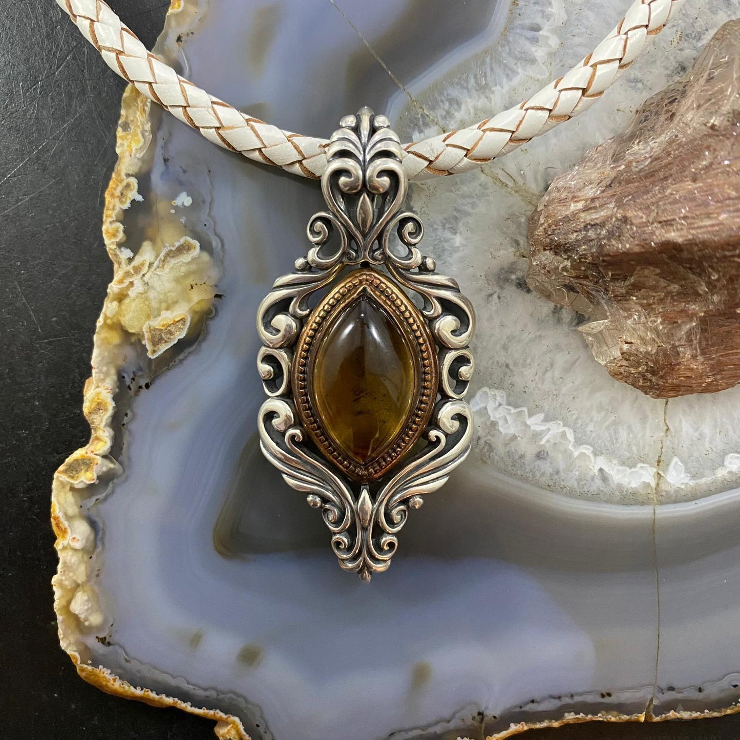 Carolyn Pollack Southwestern Style Sterling Silver & Bronze Amber Decorated Enhancer Pendant For Women