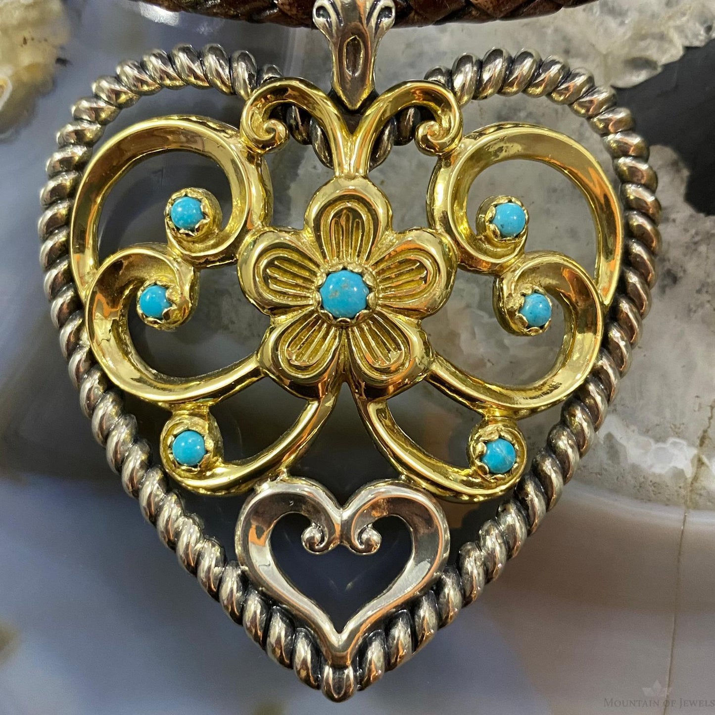 Carolyn Pollack Southwestern Style Sterling Silver & Brass Turquoise Heart Pendant For Women