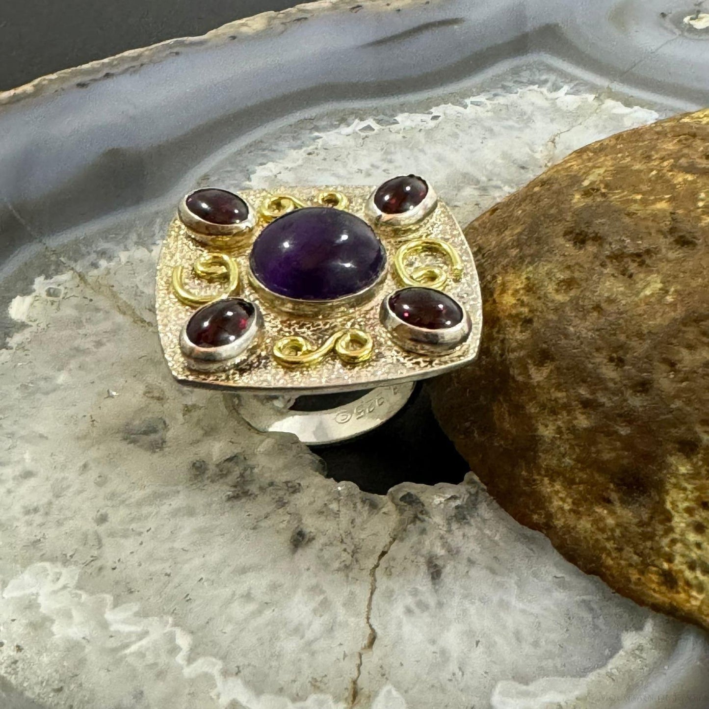 Carolyn Pollack Sterling Silver & Brass Amethyst & 4 Garnet Decorated Ring For Women