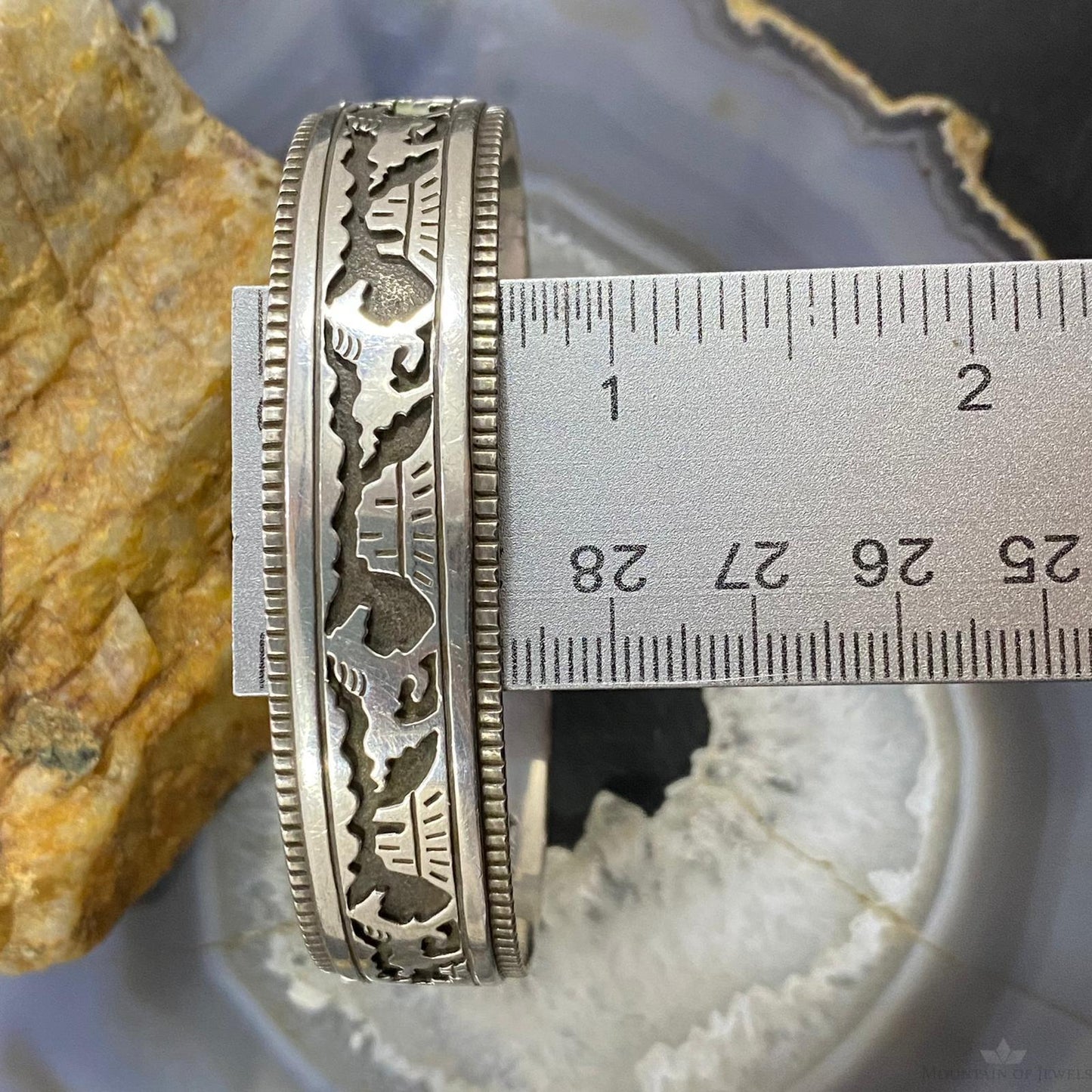 Signed Native American Sterling Silver Horses & Mesa Overlay Bracelet For Men