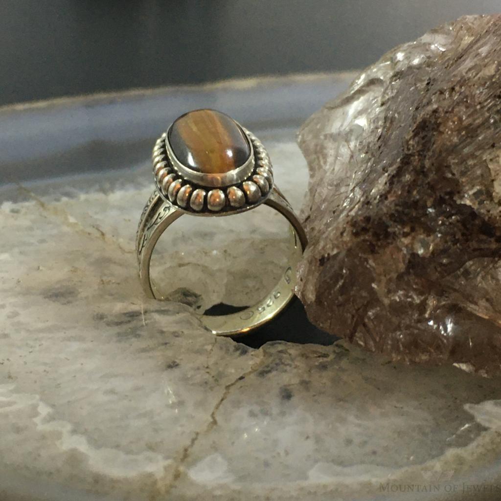 Carolyn Pollack Sterling Silver Elongated Oval Tiger Eye Decorated Ring For Women