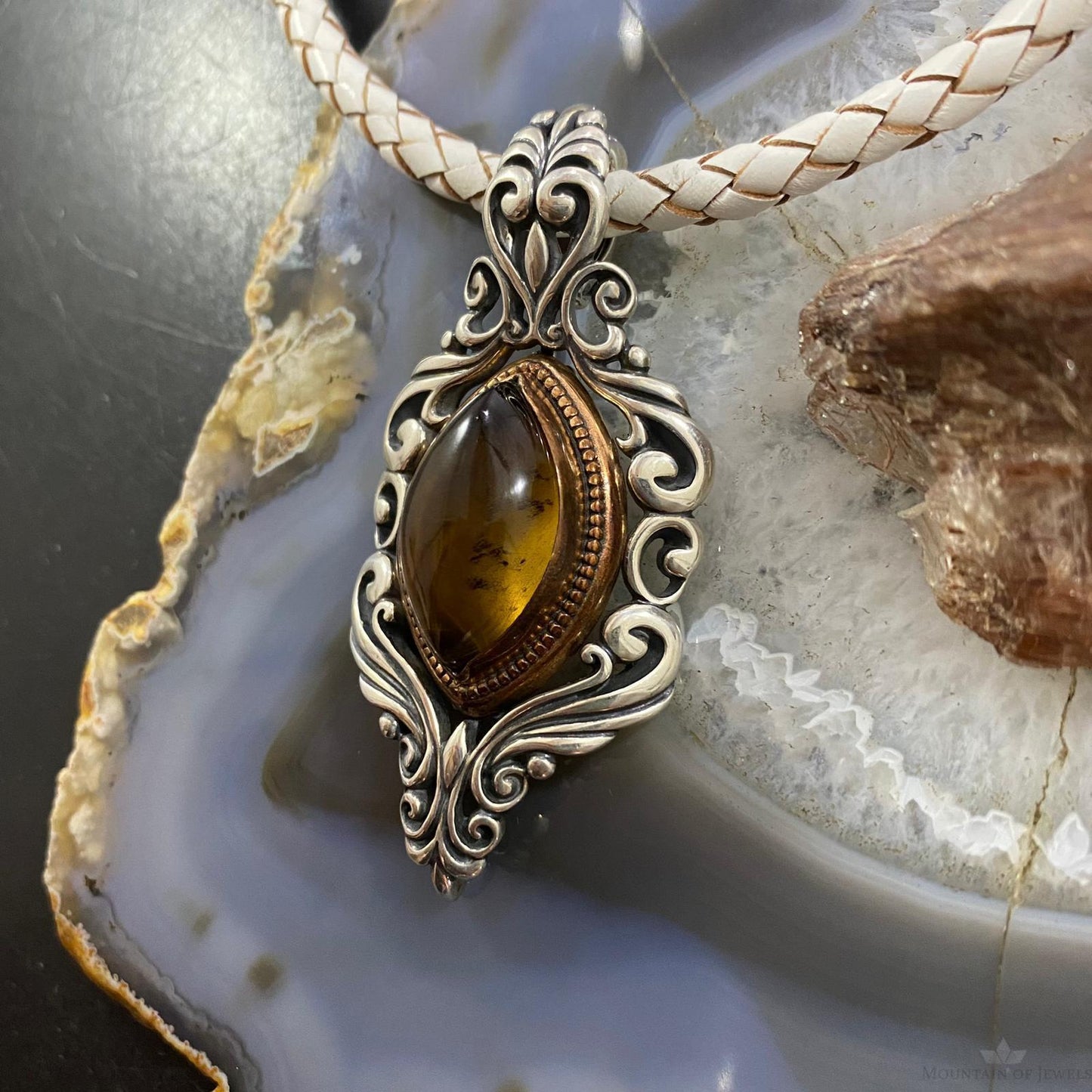 Carolyn Pollack Southwestern Style Sterling Silver & Bronze Amber Decorated Enhancer Pendant For Women