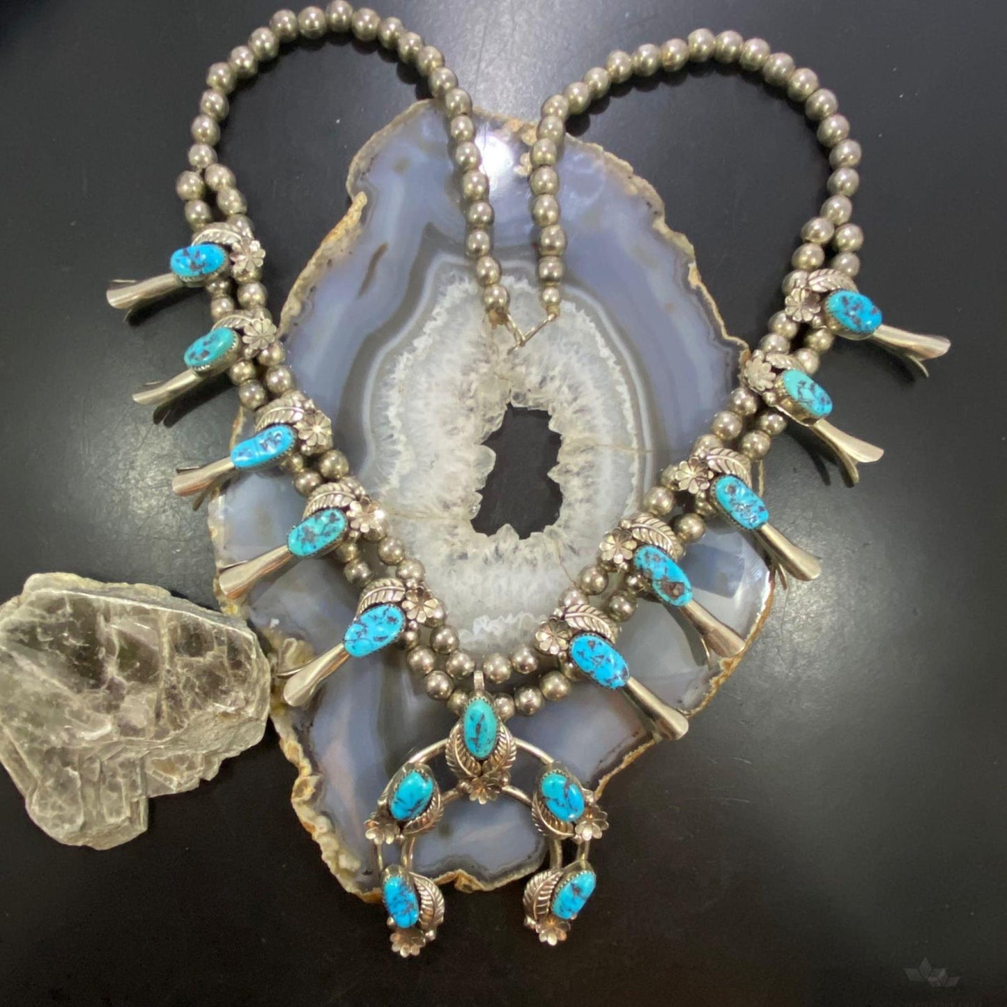 Vintage Native American Silver 15 Kingman Turquoise 28" Squash Blossom Necklace For Women