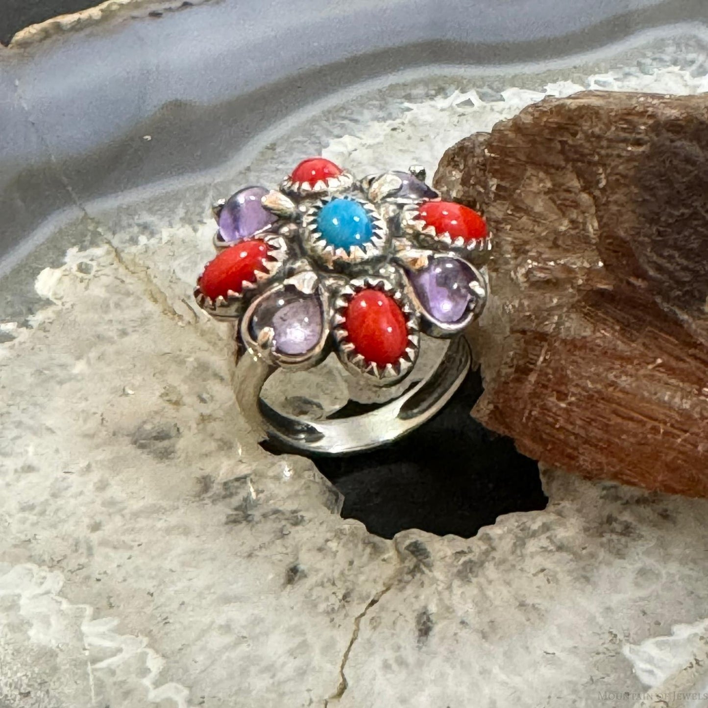 Carolyn Pollack Sterling Silver Multi Gemstone Flower Ring Size 8.75 For Women