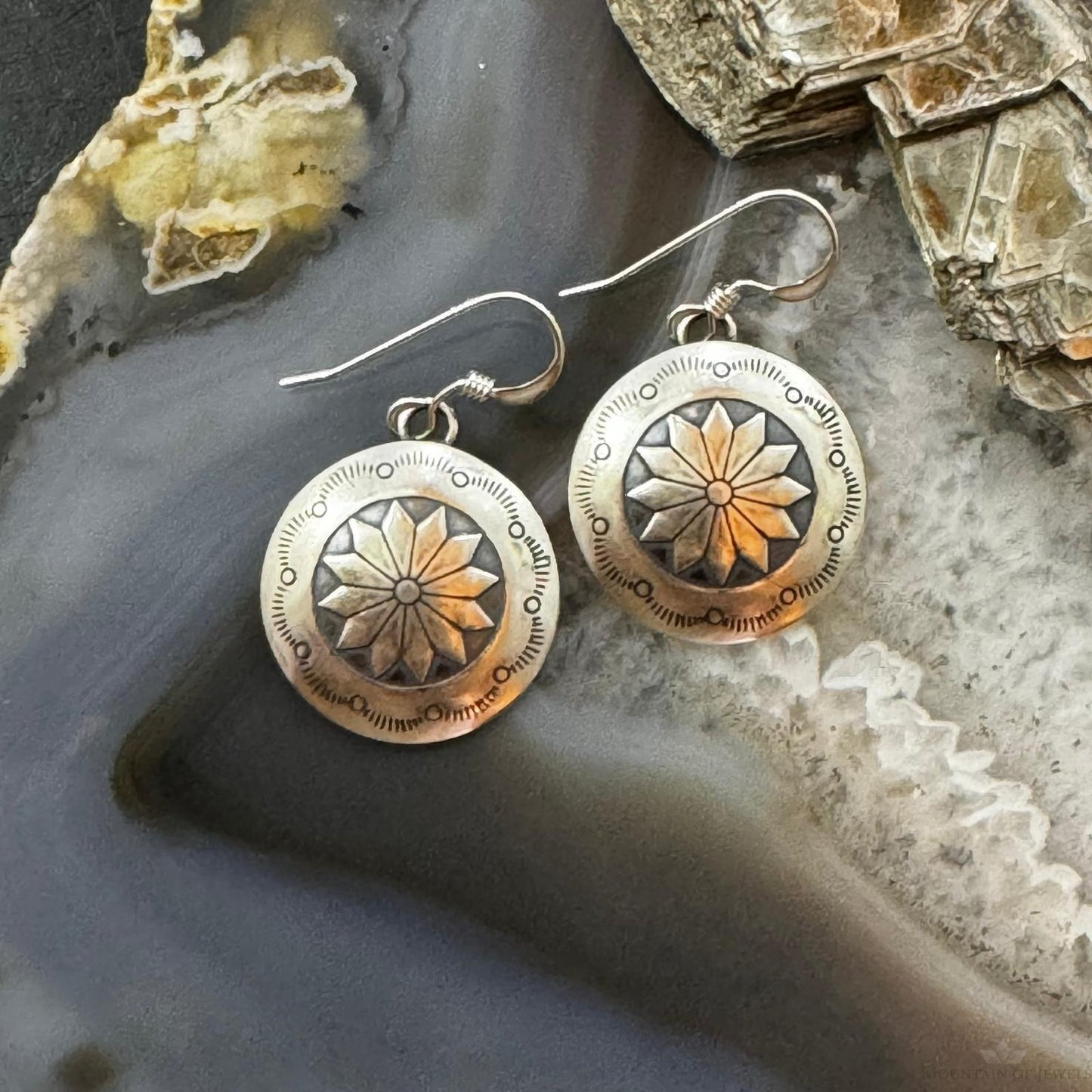 Native American Sterling Silver Stamped Flower Concho Dangle Earrings For Women