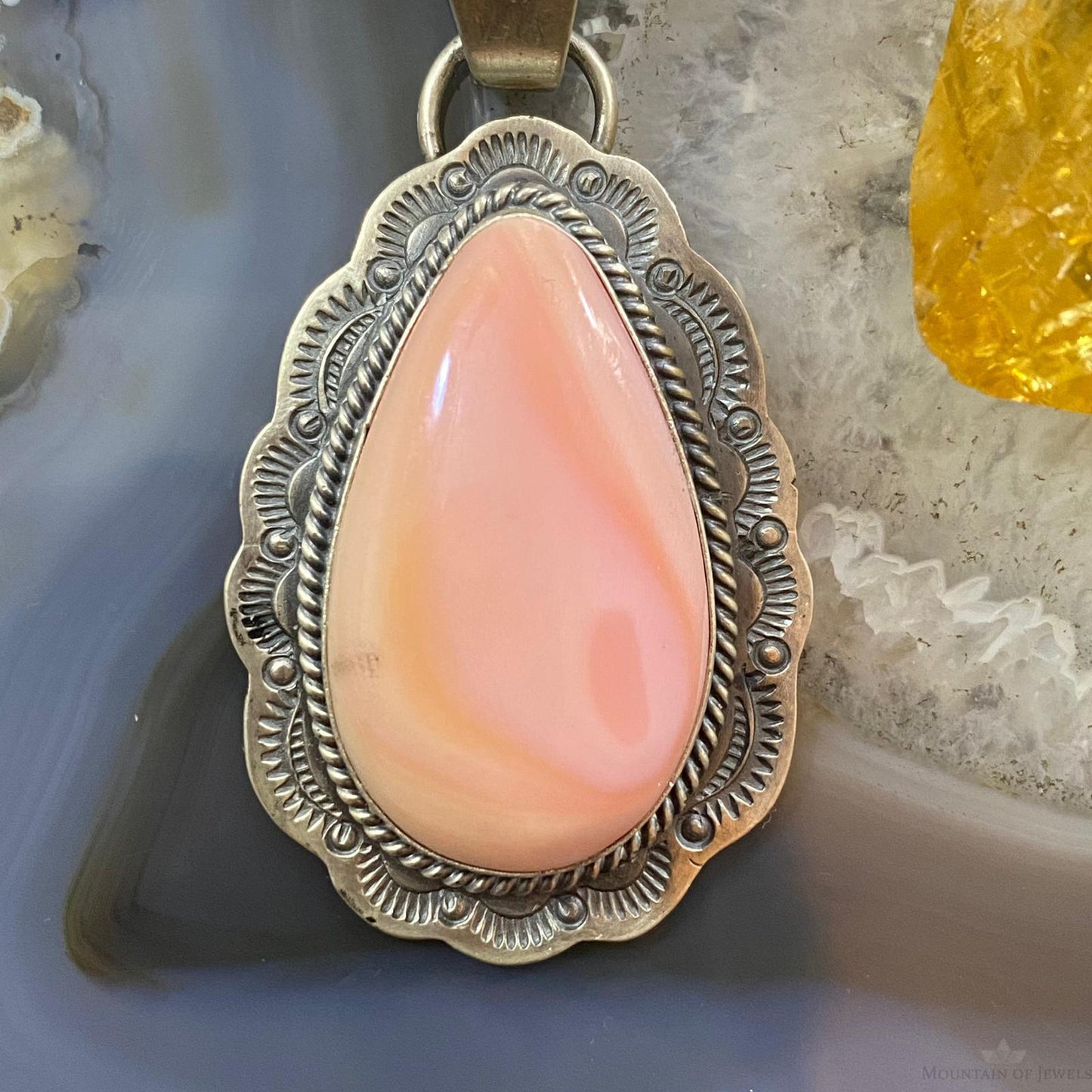 J. Nelson Native American Sterling Silver Large Teardrop Pink Conch Shell Decorated Pendant For Women