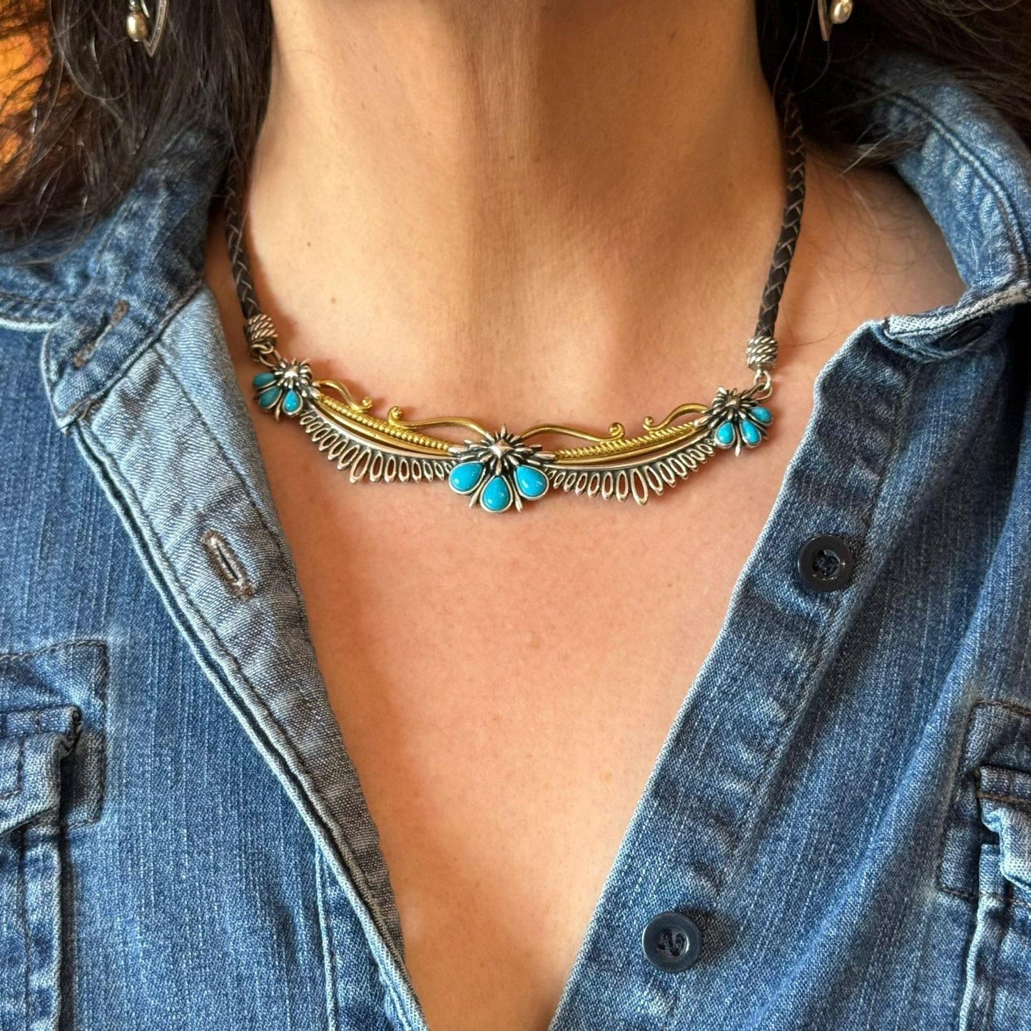 Carolyn Pollack Sterling Silver & Brass 9 Turquoise Brown Braided Leather Necklace