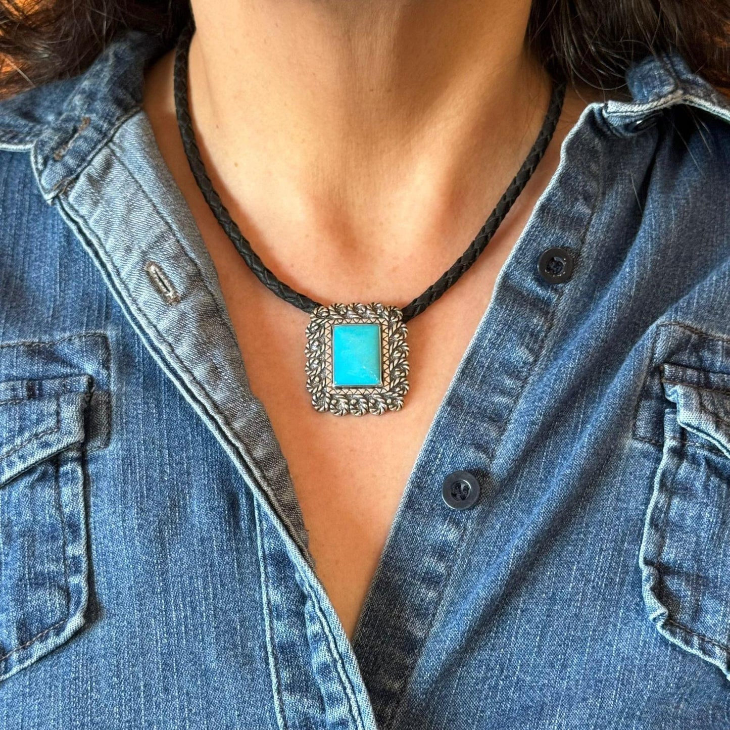 Carolyn Pollack Sterling Silver Turquoise Pendant with Black Braided Leather Necklace
