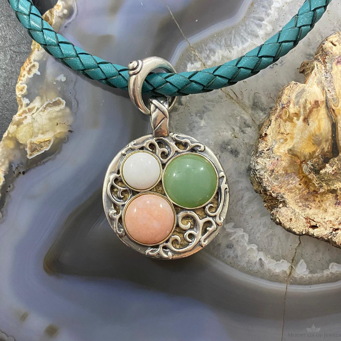 Carolyn Pollack Southwestern Style Sterling Silver Double Sided Round Agate Pendant For Women