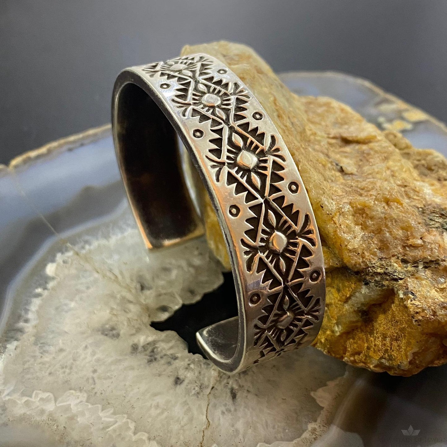 Vintage Signed Native American Sterling Silver Stamped Heavy Gauge Bracelet For Women