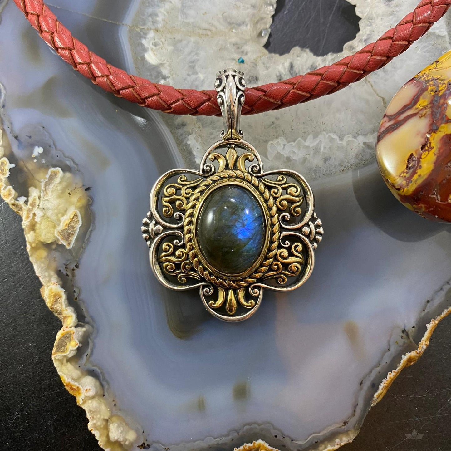Carolyn Pollack Southwestern Style Sterling Silver & Brass Labradorite Decorated Pendant For Women