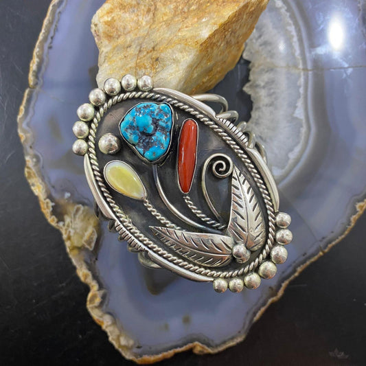 Vintage Native American Silver Kingman Turquoise, Coral, MOP Decorated Bracelet For Women