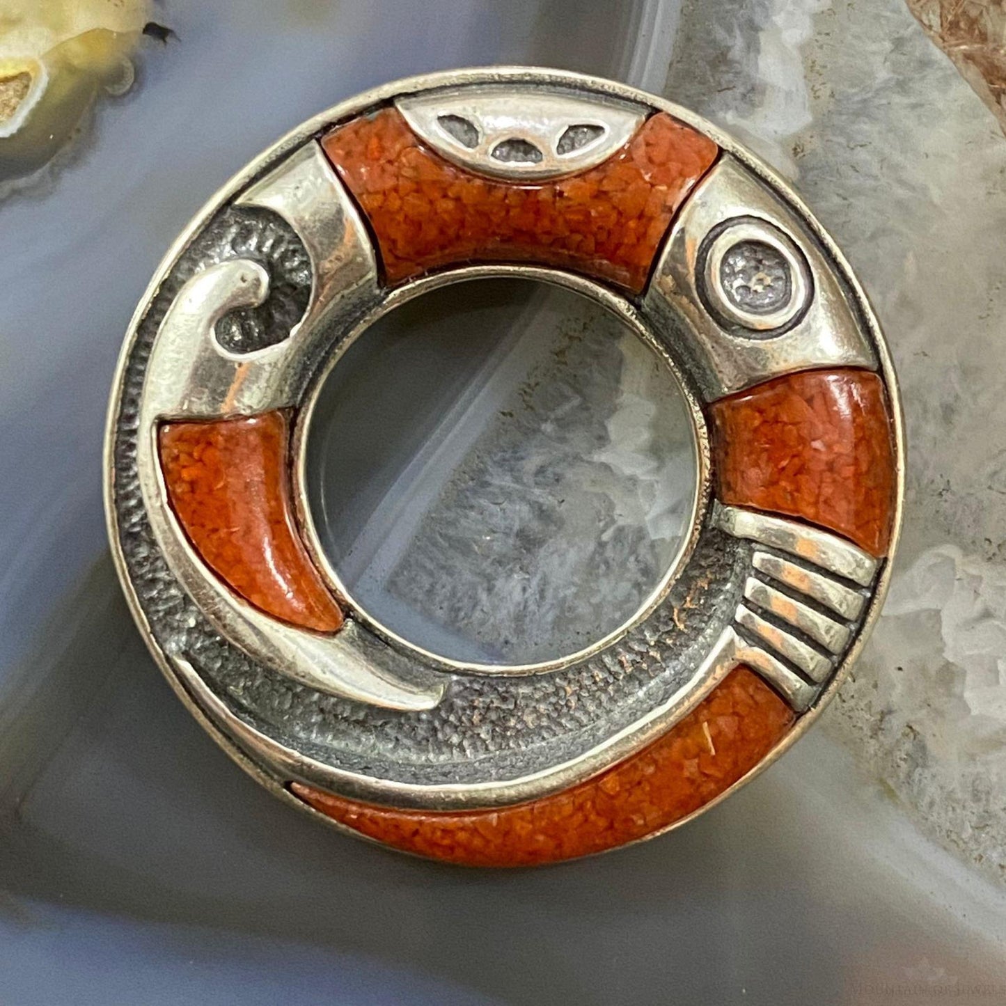 Carolyn Pollack Southwestern Style Sterling Silver Coral Chip Inlay Ring Brooch For Women