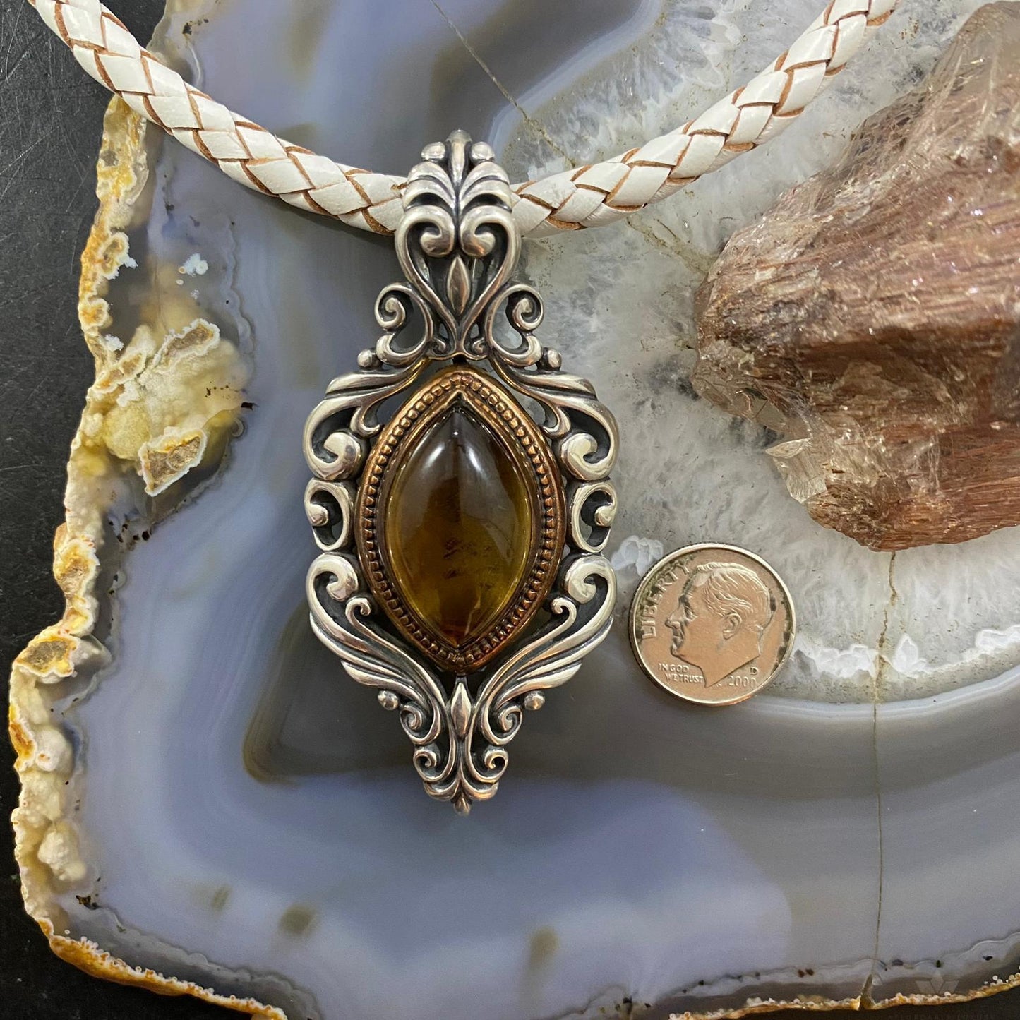 Carolyn Pollack Southwestern Style Sterling Silver & Bronze Amber Decorated Enhancer Pendant For Women