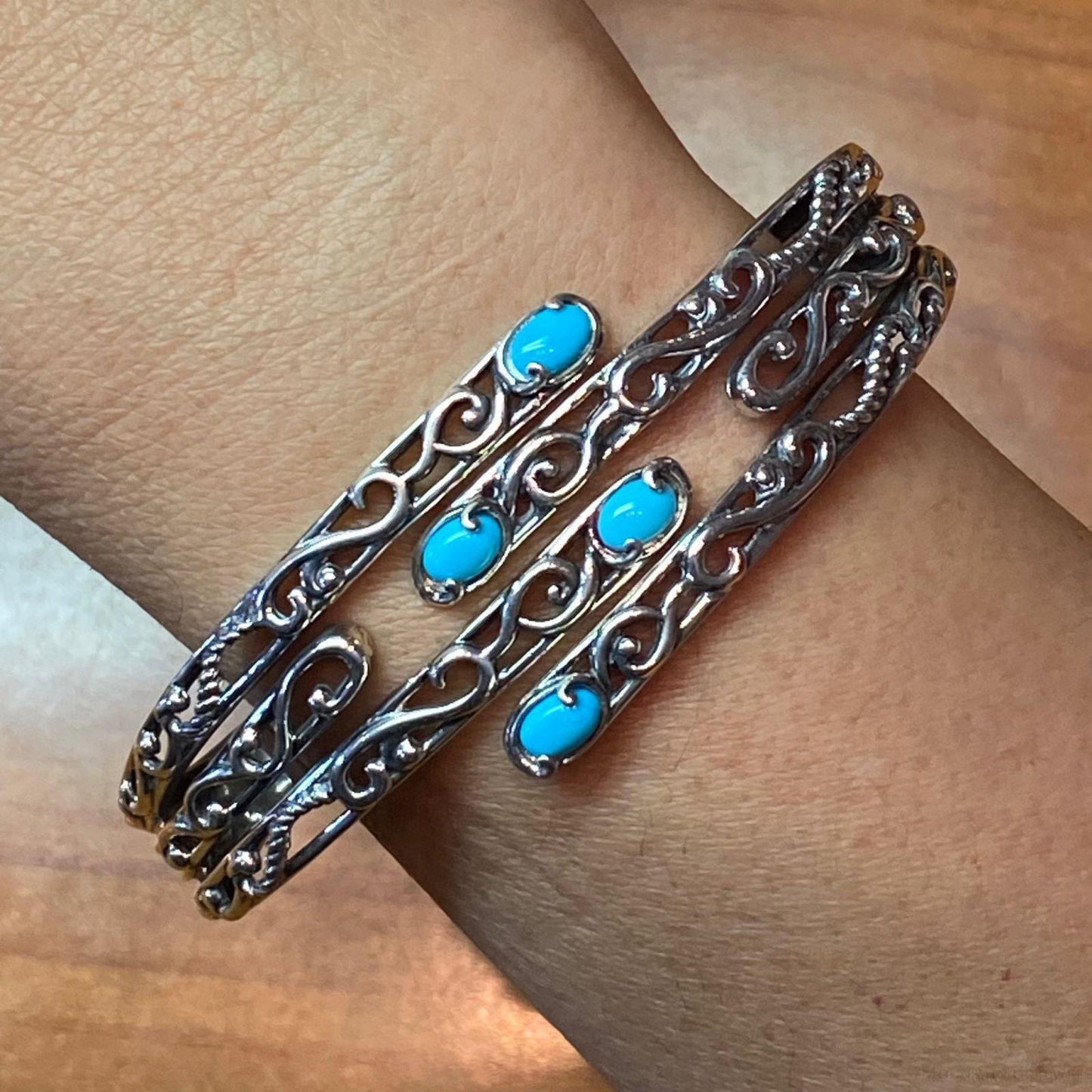 Carolyn Pollack Sterling Silver 4 Sleeping Beauty Turquoise Decorated Hinged Bracelet For Women