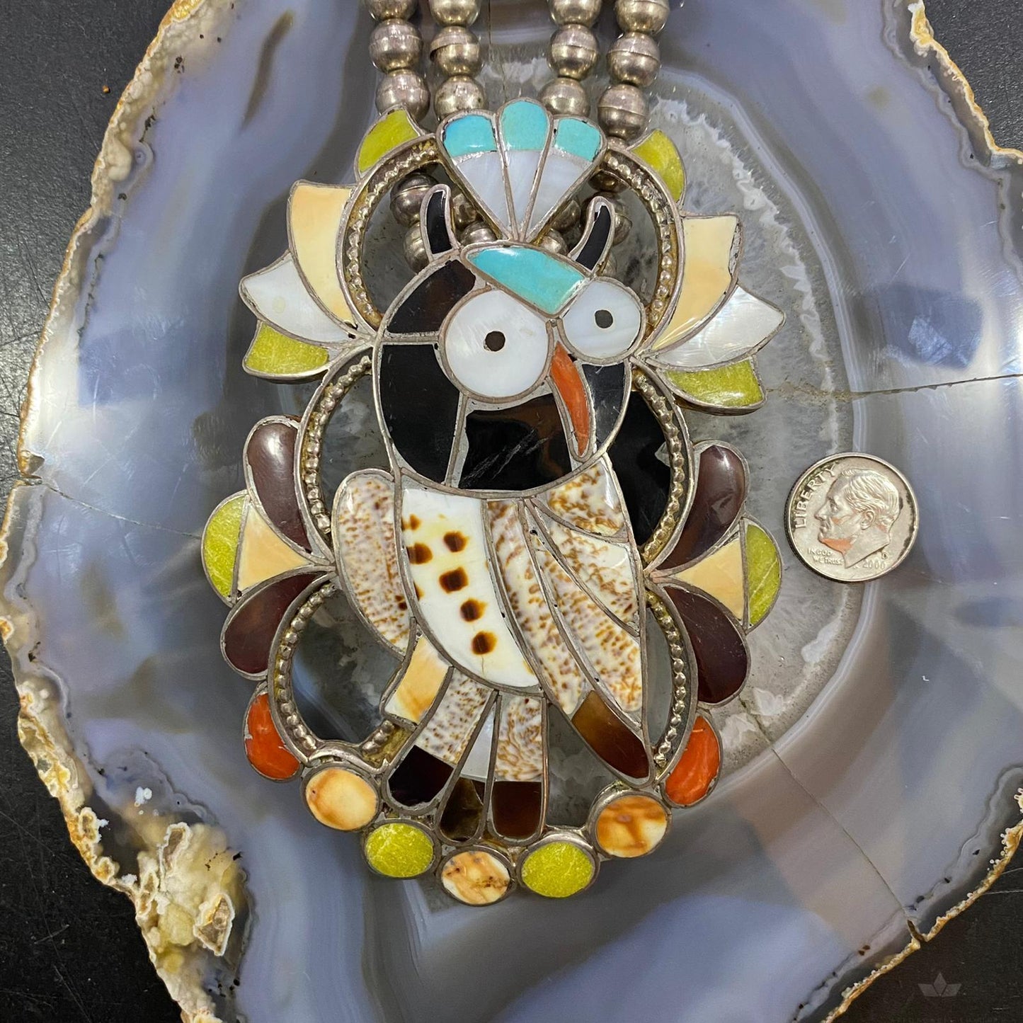 Vintage Native American Silver Bead Multistone Zuni Inlay 5 Owl Necklace