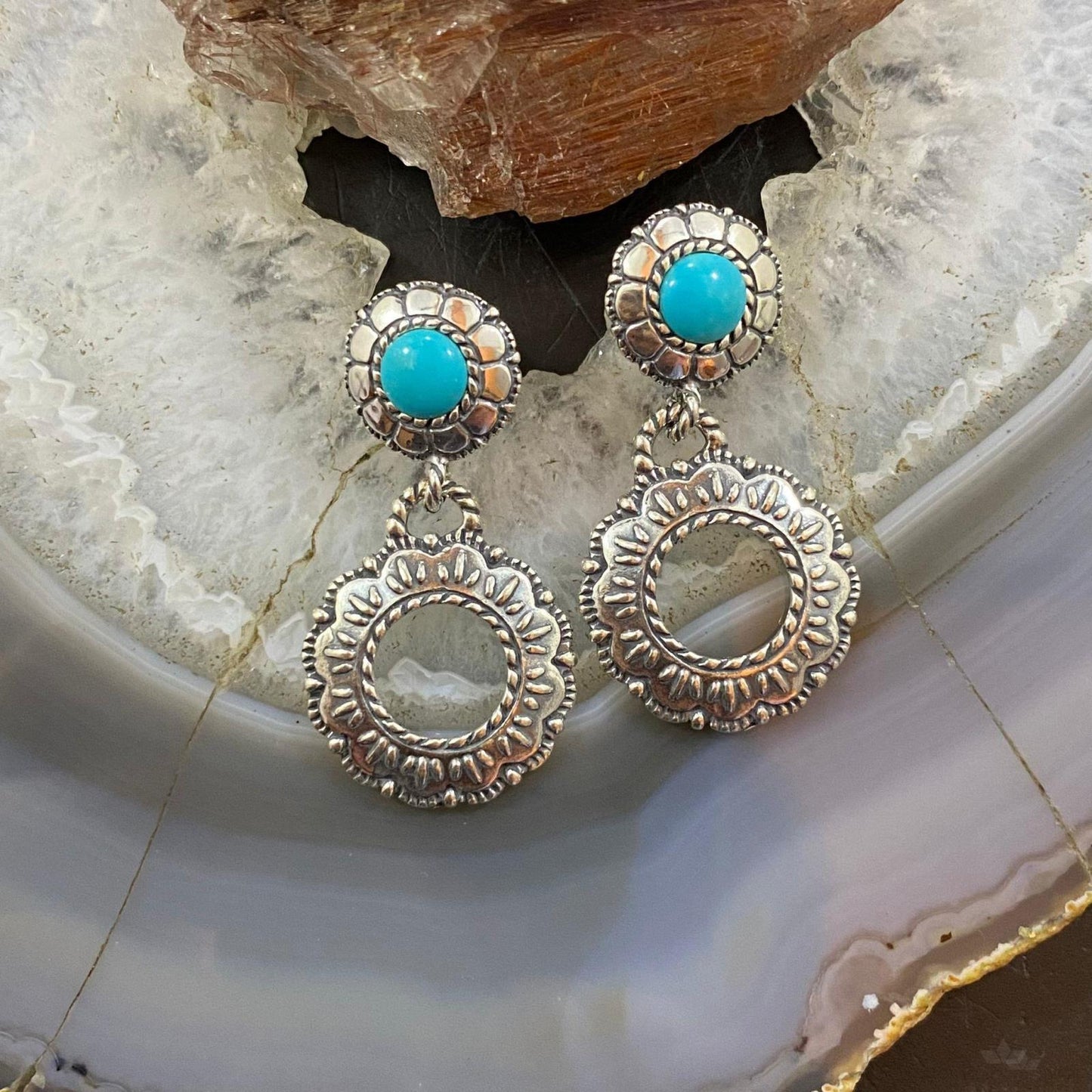 Carolyn Pollack Sterling Silver Round Turquoise Double Flower Dangle Earrings For Women