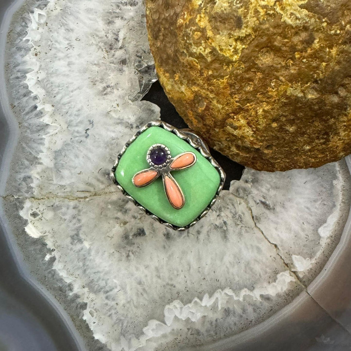 Carolyn Pollack Sterling Silver Variscite, Pink Coral & Amethyst Angel Ring For Women
