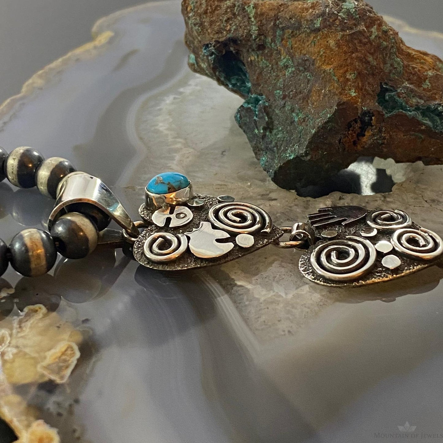 Alex Sanchez Native American Sterling Silver Triple Petroglyph Heart w/Turquoise Pendant For Women #1